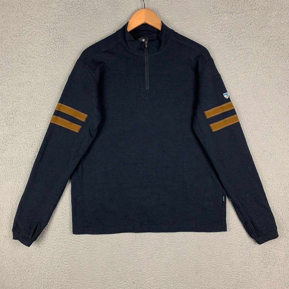 Kuhl Merino Team Sweater Mens Large Navy Wool 1/4 Zip Stripe Lightweight Outdoor